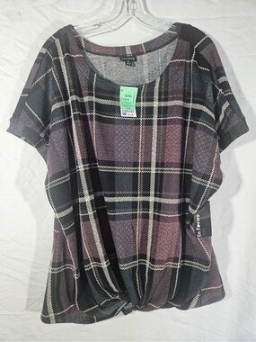 Enfocus Studio Plaid Twist-Front Short Sleeve Top - Black & Mauve